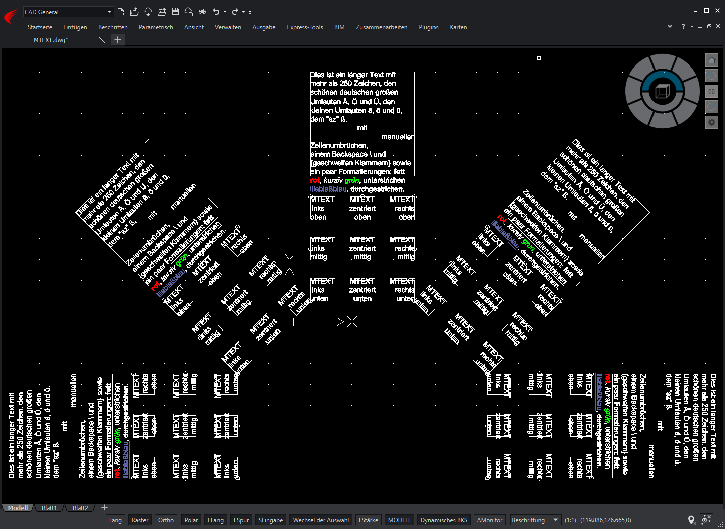 Ausgangsdatei mit zahlreichen mehrzeiligen DXF-Textobjekten im CAD.